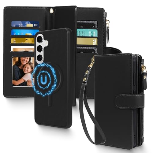 Magnetic Case for Galaxy S25 / S24 Wallet Compatible with Magsafe RFID Blocking Card Holder Detachable Phone Cover Kickstand Snap Strap Zipper Pocket PU Leather (Black) - color: Black, size: Galaxy S25 / S24