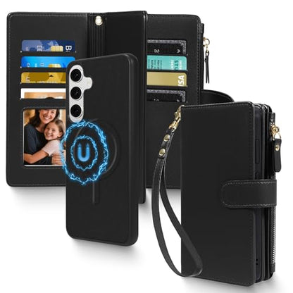 Magnetic Case for Galaxy S25 / S24 Wallet Compatible with Magsafe RFID Blocking Card Holder Detachable Phone Cover Kickstand Snap Strap Zipper Pocket PU Leather (Black) - color: Black, size: Galaxy S25 / S24