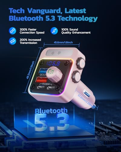 Nulaxy 54W Bluetooth 5.3 Car Adapter, FM Transmitter 4-Port Fast Charging - color: Pink