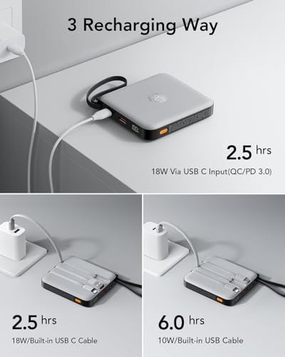 VRURC Portable Charger with Built-in Cables, 10000mAh 22.5W Fast Charging - color: Grey