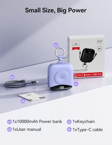Portable Charger 10000mAh 22.5W Power Bank Built-in 2 Cables Keychain | Charge 5 Devices, TSA approved, Travel Fast Charging Battery Pack for iPhone Samsung Google Android & iWatch Charger, Purple - color: Purple