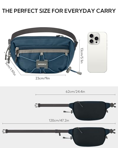 WATERFLY Small Fanny Pack RFID Blocking Travel Hiking Crossbody Waist Bag | Anti-theft design, Water resistant, Lockable zipper, Hidden rear pocket, Lightweight hip belt bag, EDC Running, Cycling, Gym - color: Dark Blue