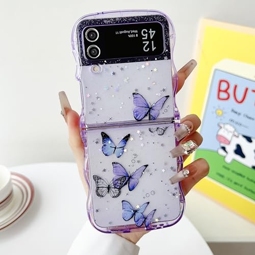 UEEBAI Wave Butterfly Case for Samsung Galaxy Z Flip 3/Z Flip 4 5G Case, Pretty Bling Star Butterfly Cute Shiny Glitter Phone Cover for Girls Bling Clear Cover Curly Shockproof Girly - Purple - color: Purple, size: Z Flip 3/Z Flip 4 5G
