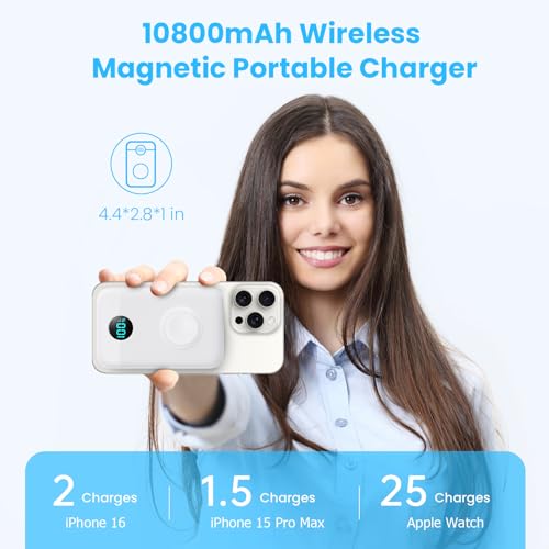 Magnetic Portable Charger with Apple-Watch Charger,10800mAh 25W PD Fast Charging Wireless Power Bank,4 Outputs Travel Essential Battery Pack for iPhone 17/17 Pro Max/16/15/14/13/12 All Series (White) - color: White