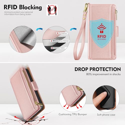 Antsturdy for iPhone 14 Plus Phone Wallet Case Women,Rose Gold | RFID Blocking,with Credit Card Holder Slots,PU Leather Purse,Zipper Pocket,Wrist Strap Kickstand,Flip Folio Cover for Men - color: Rose Gold