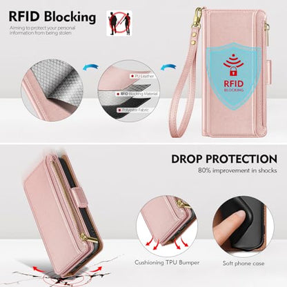 Antsturdy for iPhone 13 Pro Phone Wallet Case Women,Rose Gold | RFID Blocking,with Credit Card Holder Slots,PU Leather Purse,Zipper Pocket,Wrist Strap Kickstand,Flip Folio Cover for Men - color: Rose Gold