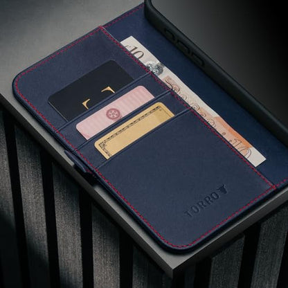 TORRO Leather Case Compatible with iPhone 17 Pro Max 6.9" 2025 - Premium Leather Wallet Flip Case with Kickstand and Card Slots (Compatible with Official MagSafe Chargers) - Navy Blue - color: Navy Blue with Red Detail, size: iPhone 17 Pro Max