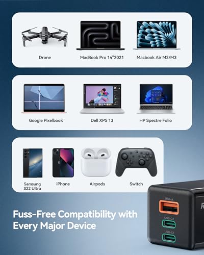 Ruko 65W USB C Charger, 3-Port GaN Fast Charger Block - size: Charger Only