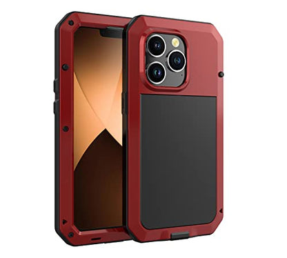 for iPhone 14 Pro Max Case, 360 Full Body Protective Cover Heavy Duty Shockproof Tough Armour Aluminum Metal Case with Silicone Built-in Screen Protector for iPhone 14 Pro Max 6.7" - Red - color: Red