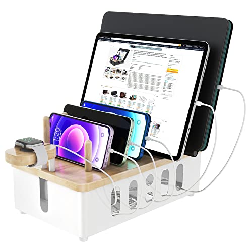 Charging Station for Multiple Devices Apple,New Upgrade Wood Charging Station for Phone Tablet Smart Watch Holder Desk Organizers，Dock Device Organizer White