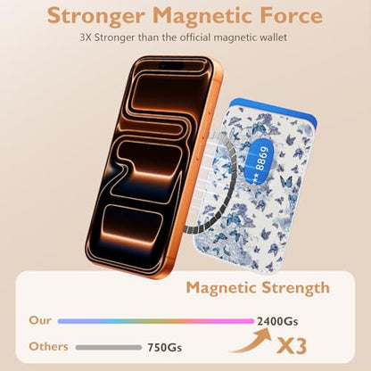 Compatible with Magsafe Wallet Magnetic Card Holder - Blue Butterfly Phone Wallets for Women Teen Girls Cute for iPhone 17/16/15/14/13/12 Series Slim for Apple Mag RFID Magnet,Fit 3 Cards - color: Blue Butterfly