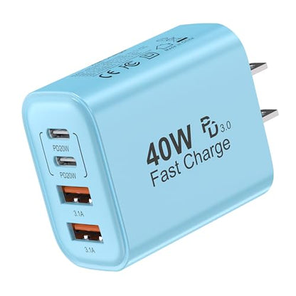 TT&C USB C Charger Block, 40W 4 Ports Wall Charger for iPhone 17,16,15,14 - color: Blue 1Pack