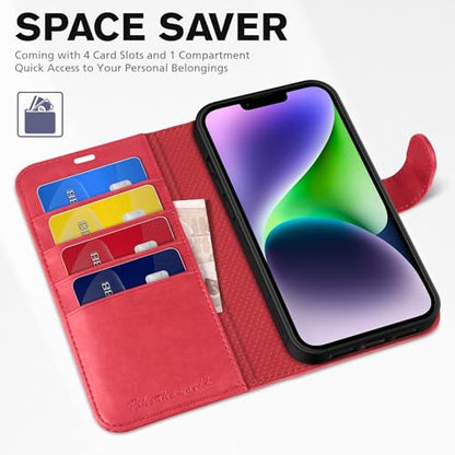 TUCCH Wallet Case for iPhone 14 (6.1") 2022, 4 Card Holders, Red | RFID Blocking, Viewing Stand, Shockproof TPU Shell, PU Leather, Magnetic Closure, Protective Folio Flip Cover - color: Red