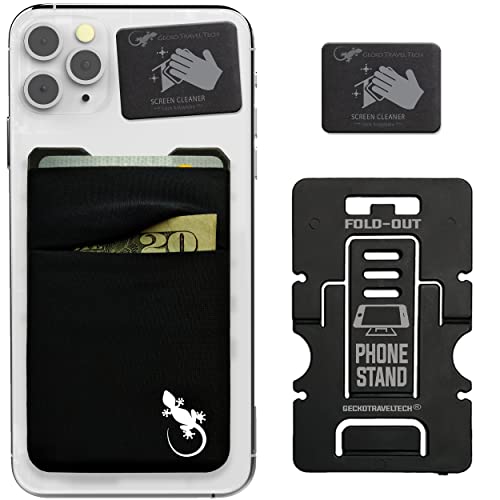 Double Pocket Gecko Phone Wallet - Smartphone Adhesive Card Holder - Cell Phone Pouch - Mobile Stick on Spandex Pocket by Gecko - Carry Credit Cards and Cash – (BLACK-WHITE) - color: BLACK-WHITE