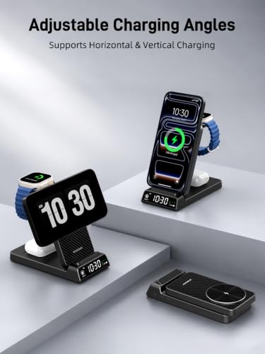 3 in 1 Charging Station for Apple, Travel Wireless Charger with Clock - color: Carbon Fiber