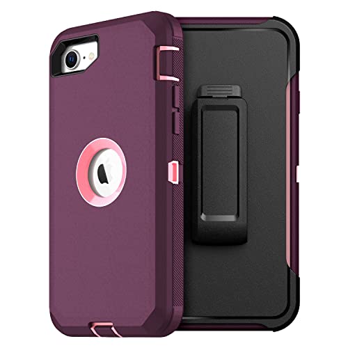 MXX Case Designed for iPhone SE Case 2020 /SE 2022 Heavy Duty Protective with Screen Protector [3 Layers] Rugged Rubber Protection Cover & Rotating 360 Degree Belt Clip SE 3rd/2nd Gen(Plum/Light Pink) - color: Plum/Light Pink