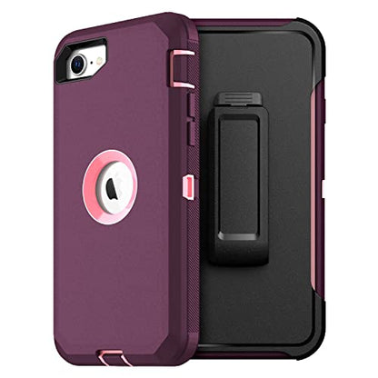 MXX Case Designed for iPhone SE Case 2020 /SE 2022 Heavy Duty Protective with Screen Protector [3 Layers] Rugged Rubber Protection Cover & Rotating 360 Degree Belt Clip SE 3rd/2nd Gen(Plum/Light Pink) - color: Plum/Light Pink