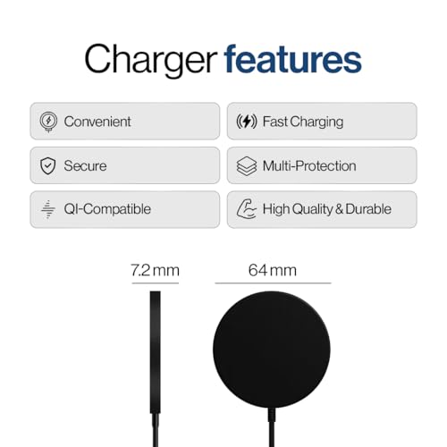 SPOTMINDERS Magnetic Wireless Charger with Stand, 15W Qi Fast Charging Pad for iPhone, AirPods, Samsung, Android & Spotminders Tracking Card, Built-in 1m USB-C Cable, Non-Slip, Cooling, No AC Adapter - size: 1 Pack