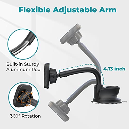 APPS2Car Magnetic Phone Holder for Car, Dashboard Windshield Phone Holder Mount with Flexible Arm & Built-in Strong Magnets, Suction Cup Phone Holder for Car Compatible with All Smartphones - color: Black