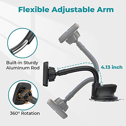 APPS2Car Magnetic Phone Holder for Car, Dashboard Windshield Phone Holder Mount with Flexible Arm & Built-in Strong Magnets, Suction Cup Phone Holder for Car Compatible with All Smartphones - color: Black