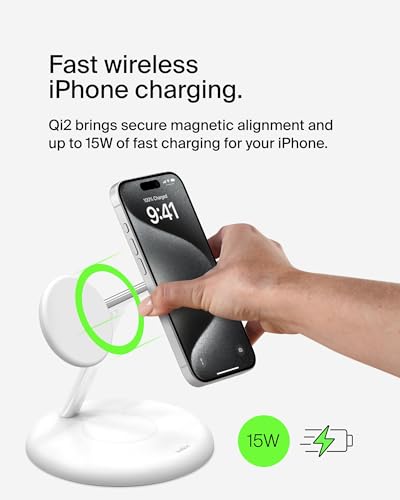 Belkin Qi2 15W Magnetic Wireless Charging Stand, 3 in 1 Fast Charger - color: White