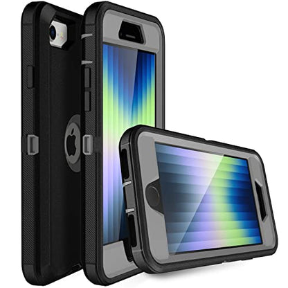 MXX Heavy Duty Protective Case for iPhone SE 2020/22 with Screen Protector, 3 Layers, Rugged Rubber, Rotating 360 Degree Belt Clip, Black/Gray - color: Black/Gray