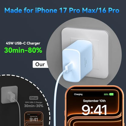 Phone 17 16 Pro Max Charger Fast Charging, 45W Super Fast USB C Charger Block with 10FT Nylon Braided Charging Cable for 17 16 Pro Max/17 16 Pro/16 Plus,15 Pro Max/15 Pro/15, Android Phone-Blue - color: blue+gray, size: 10 Ft