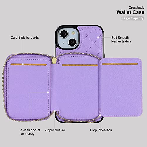 Bocasal Crossbody Wallet Case Card Holder for iPhone 13, Purple | RFID Blocking PU Leather Zipper Handbag Purse, Kickstand Flip Folio Case with Card Slots Holder Wrist Strap Lanyard 6.1 Inch - color: Purple