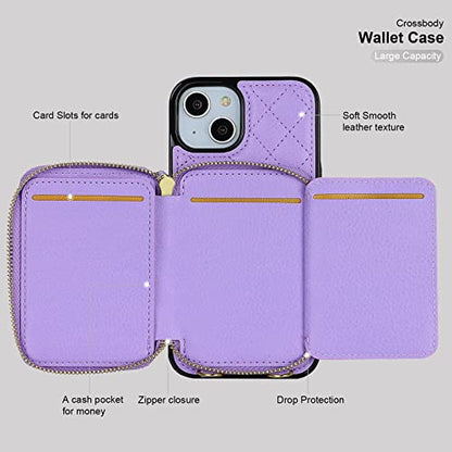 Bocasal Crossbody Wallet Case Card Holder for iPhone 13, Purple | RFID Blocking PU Leather Zipper Handbag Purse, Kickstand Flip Folio Case with Card Slots Holder Wrist Strap Lanyard 6.1 Inch - color: Purple