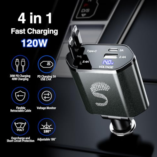 Retractable Car Charger USB C Fast Charging 120W, Car Accessories Cigarette Lighter Adapter Car iPhone17 16 15 14 13, Galaxy S26, Pixel Charger Travel Essentials Gift for Travelers, Men, Women