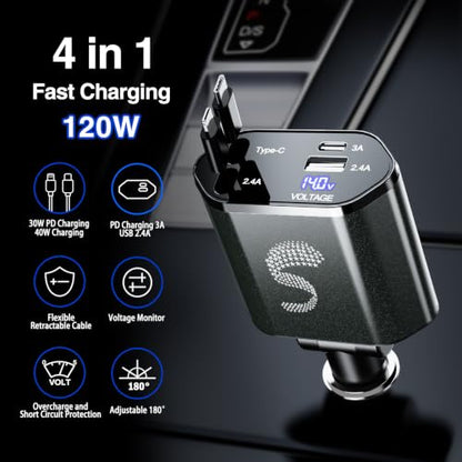 Retractable Car Charger USB C Fast Charging 120W, Car Accessories Cigarette Lighter Adapter Car iPhone17 16 15 14 13, Galaxy S26, Pixel Charger Travel Essentials Gift for Travelers, Men, Women