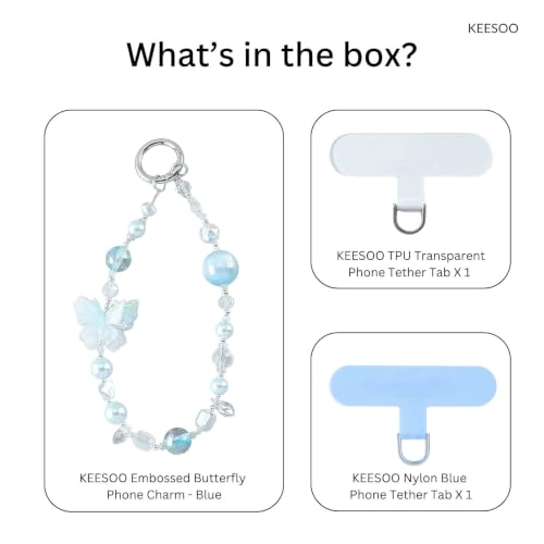 Original Design Phone Charm with 2 Tether Tabs – Stylish, Durable, and Hands-Free Phone Chain – Compatible with iPhone, Samsung, Pixel & More (12 Embossed Butterfly - Blue) - color: 12 Embossed Butterfly - Blue