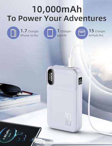 RORRY Portable Charger 3 in 1 with Wall Plug 10000mAh Power Bank for iPhone - color: Purple