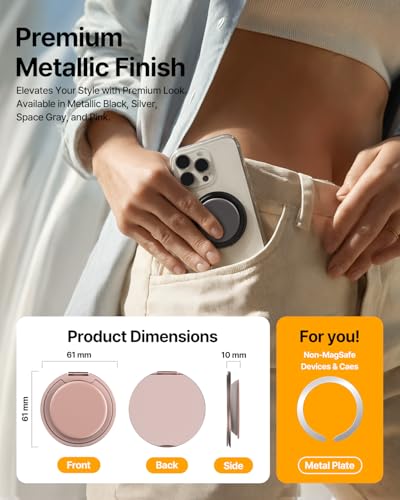 Sinjimoru Magnetic Phone Grip for MagSafe, Kick-Out Ring Stand, Pink - color: Metallic Pink