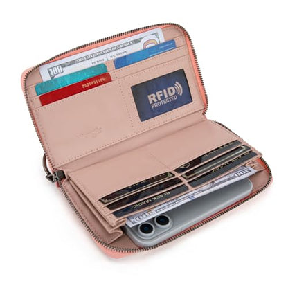 Wrangler Pink Wristlet Wallets Women Large Phone RFID Wallets, Card Cases & Money Organizers Ladies Female Travel Clutch Wallet Large Capacity Cash Credit Card Wallet with Smooth Zipper - color: Gradient Pink