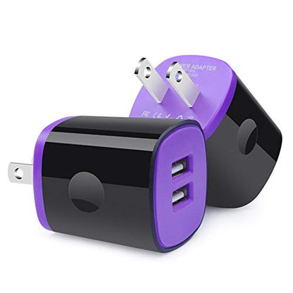 USB Wall Charger, 2Pack Travel Charging Block Cube Dual Port USB Wall Plug - color: Purple