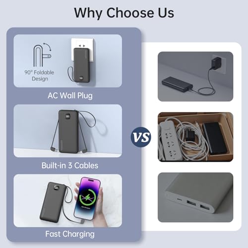 Portable Charger 10000mAh 22.5W Power Bank,Built-in 3 Cables & AC Wall Plug - color: Space Black