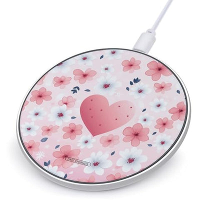 Pink Flower and Hearts Wireless Charger Portable Fast Charging Pad Lightweight Wireless Charging Pad 10W Slim Charging Station for Phone Charger Mat for Travel Home Office Desk