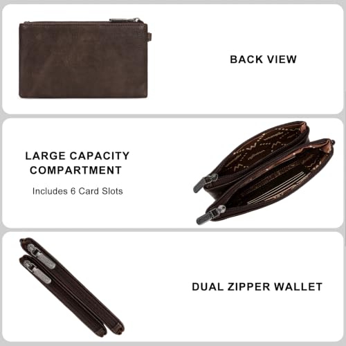 Montana West X Wrangler Western Women's Wallets Large Minimalist Phone Wallet for Ladies Female Double Zipper Cash Wallet with Rfid Lining - color: Coffee