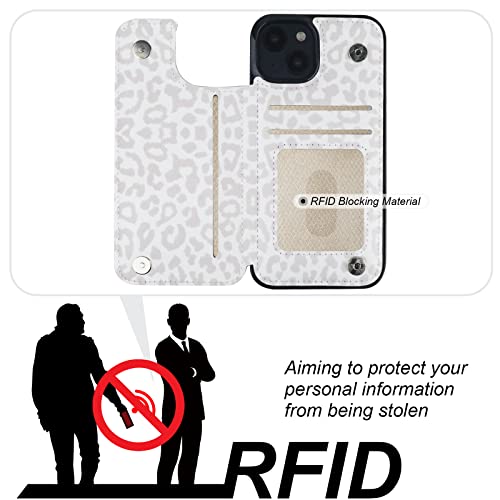 HAOPINSH for iPhone 14 Wallet Case with Card Holder, White Leopard Pattern Back Flip Folio PU Leather Kickstand Card Slots Case for Women Girls, Double Magnetic Clasp Shockproof Cover 6.1" - color: White Leopard