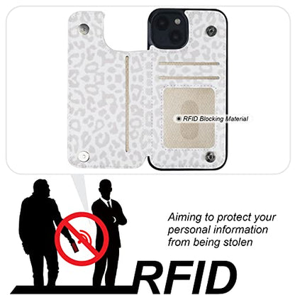 HAOPINSH for iPhone 14 Wallet Case with Card Holder, White Leopard Pattern Back Flip Folio PU Leather Kickstand Card Slots Case for Women Girls, Double Magnetic Clasp Shockproof Cover 6.1" - color: White Leopard