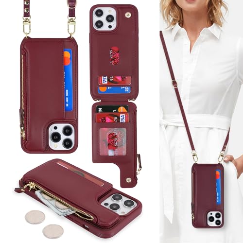 Cavor for iPhone 15 Pro Max Wallet Case with Card Holder Women, Wine red | for iPhone 15 Pro Max Case with Strap,Crossbody and Wristlet Zipper Pocket Phone Cover - color: B-Wine red
