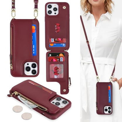 Cavor for iPhone 15 Pro Max Wallet Case with Card Holder Women, Wine red | for iPhone 15 Pro Max Case with Strap,Crossbody and Wristlet Zipper Pocket Phone Cover - color: B-Wine red