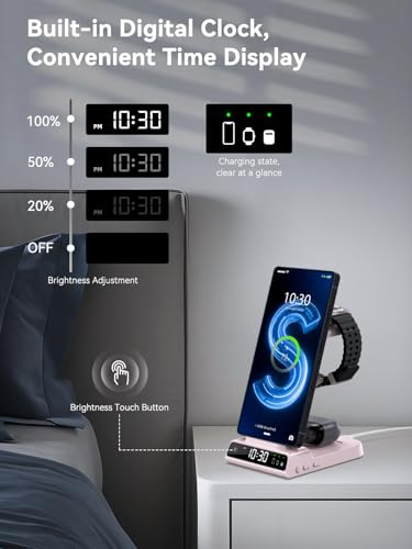 Wireless Charger for Samsung S25 with Clock 3 in 1 Android Charging Station - color: Pink