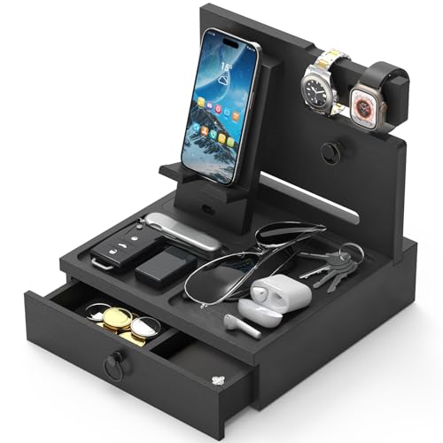 Wood Phone Docking Station, Nightstand Organizer with Drawer - color: Classic Black, size: Without charging station