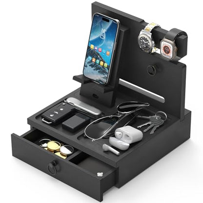 Wood Phone Docking Station, Nightstand Organizer with Drawer - color: Classic Black, size: Without charging station