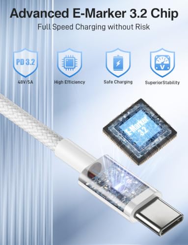 240W Braided USB C to USB C Cable, 6Ft+10Ft - color: White, size: 2P-6+10FT