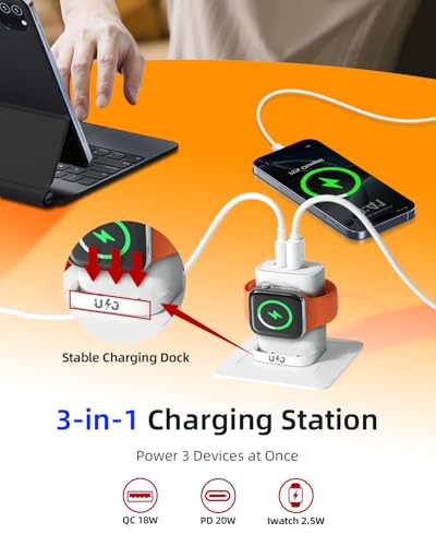 3-in-1 Portable Apple Watch Charger Fast Charging，25W Wireless Magnetic Foldable iWatch Charger Block，PD Travel Essentials Block for iWatch Ultra/SE/ 10/9/ 8/7/ 6，iPhone 17/16/ 15 Series