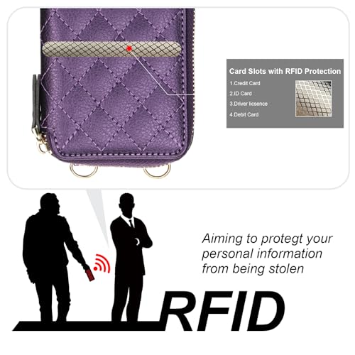 Bocasal Crossbody Wallet Case Card Holder for iPhone 16, Dark Purple | RFID Blocking PU Leather Zipper Handbag Purse, Kickstand Flip Folio Case with Card Slots Holder Wrist Strap Lanyard 6.1 Inch - color: Dark Purple