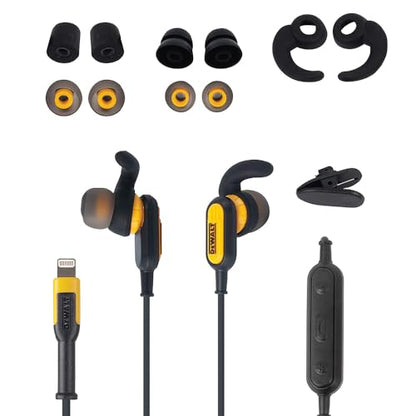 DEWALT Heavy Duty Earphones for Lightning, Compatible w/Apple iPhone Headphones Wired, Jobsite Water-Resistant for iPhone Headphones Wired Lightning, Corded Earphones for iPhones 14 and Older